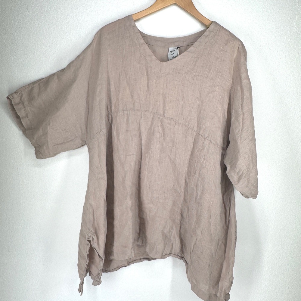Match Point USA Womens Linen V Neck Tunic Top Taupe Small Lagenlook Oversized